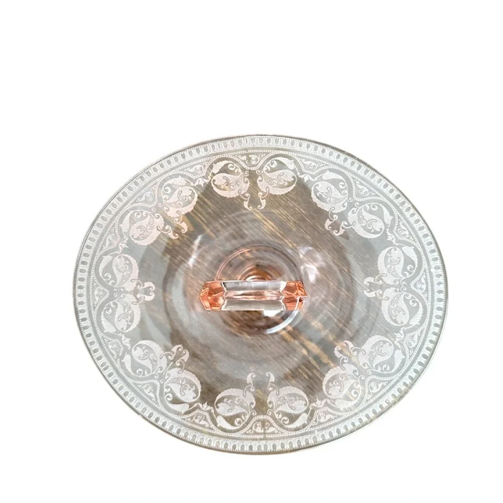 Vintage Pink Depression Glass Center Handle Server Tray Etched Peacock 10.5 In
